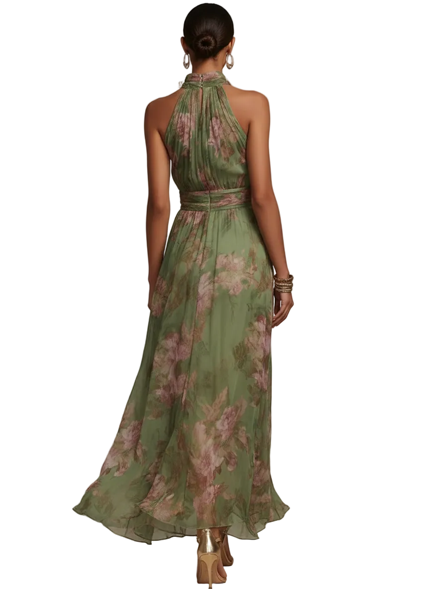 Mia Ottawa - Green Floral Chiffon Maxi Dress with Open Neckline