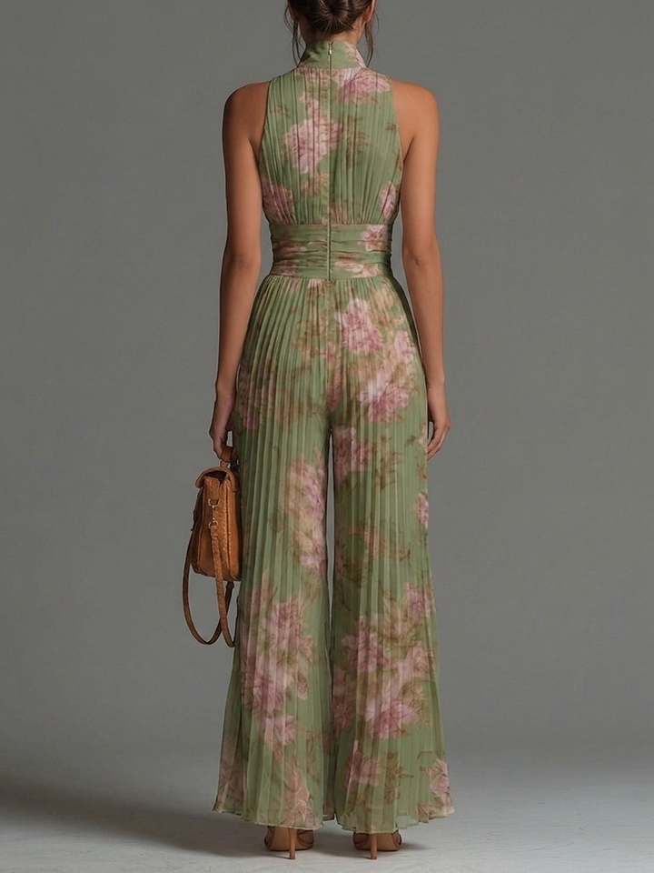 Green Floral V-neck Sleeveless Zip-up Pleated Wide-leg Chiffon Jumpsuit