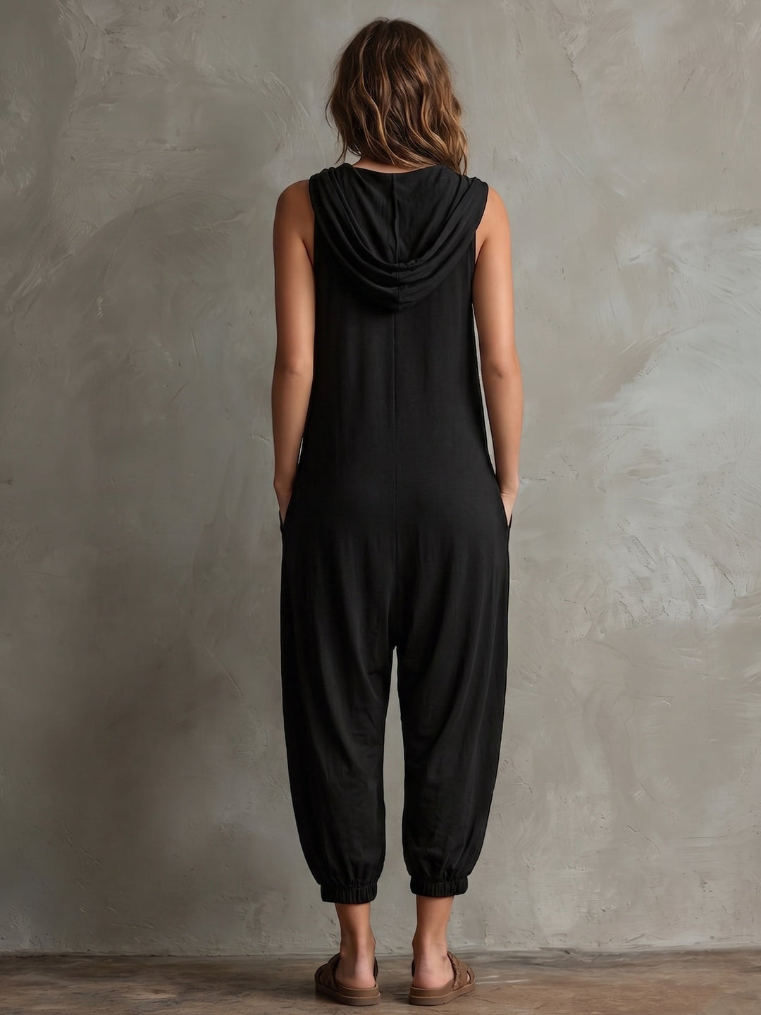 Black Casual Sleeveless Hooded Loose Lantern Jumpsuit