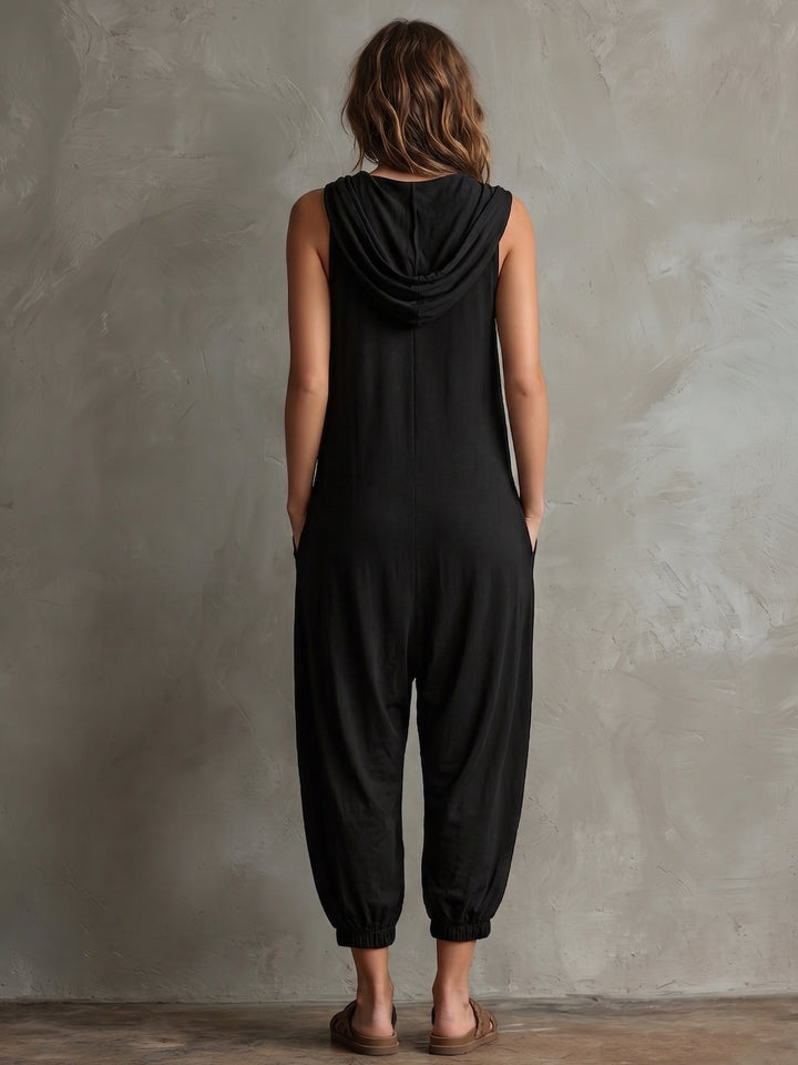 Black Casual Sleeveless Hooded Loose Lantern Jumpsuit