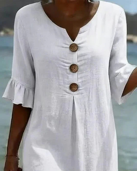 Vanesa | Linen Textured Dress with Puff Sleeves and Buttons
