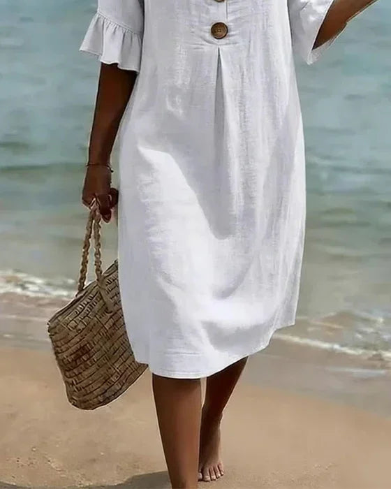 Vanesa | Linen Textured Dress with Puff Sleeves and Buttons