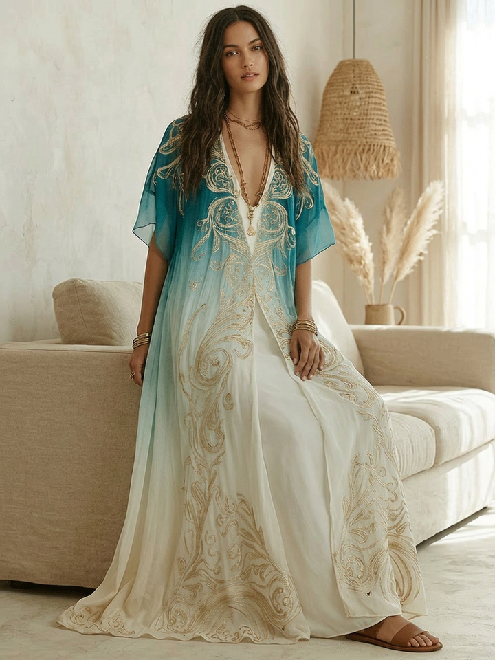 Elegant Coastal Breeze Aqua Ombre Kaftan Maxi Dress