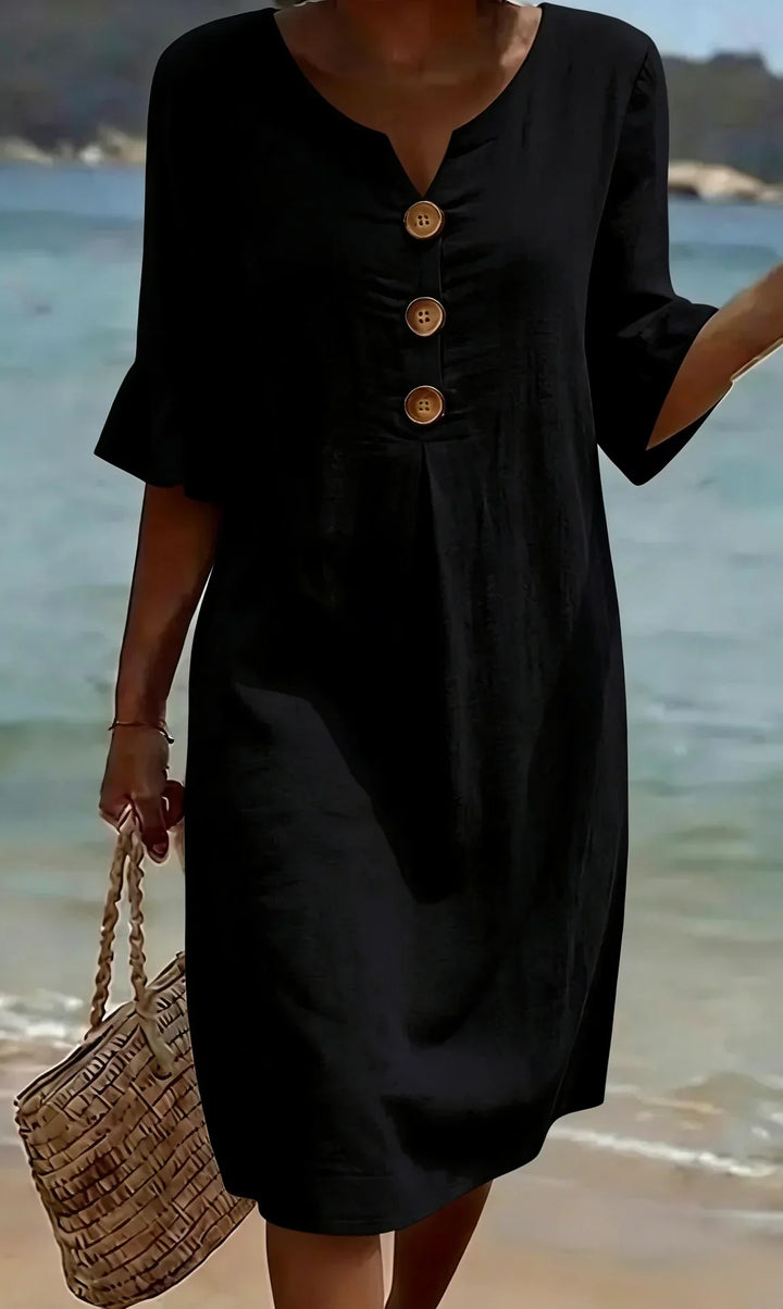 Vanesa | Linen Textured Dress with Puff Sleeves and Buttons