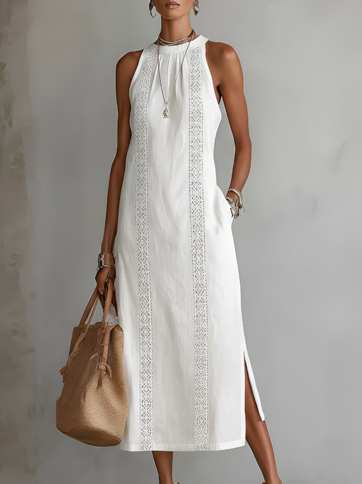 Mia Ottawa - Linen Midi Dress with Mandarin Collar
