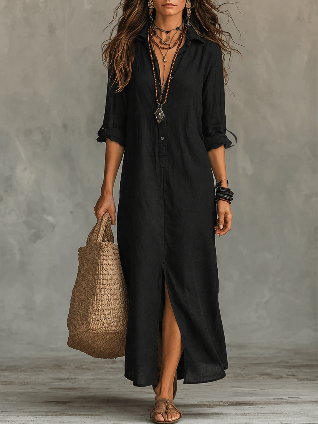 Black Button-Front Bohemian Shirt Maxi Dress