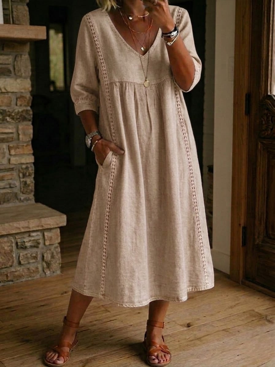 Lila Lace-Trim Linen Midi